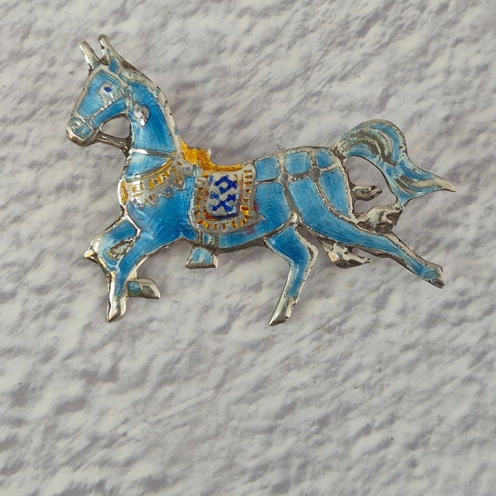 Siam Sterling Vintage Blue Enamel Horse Brooch Pin Equestrian Silver Jewelry